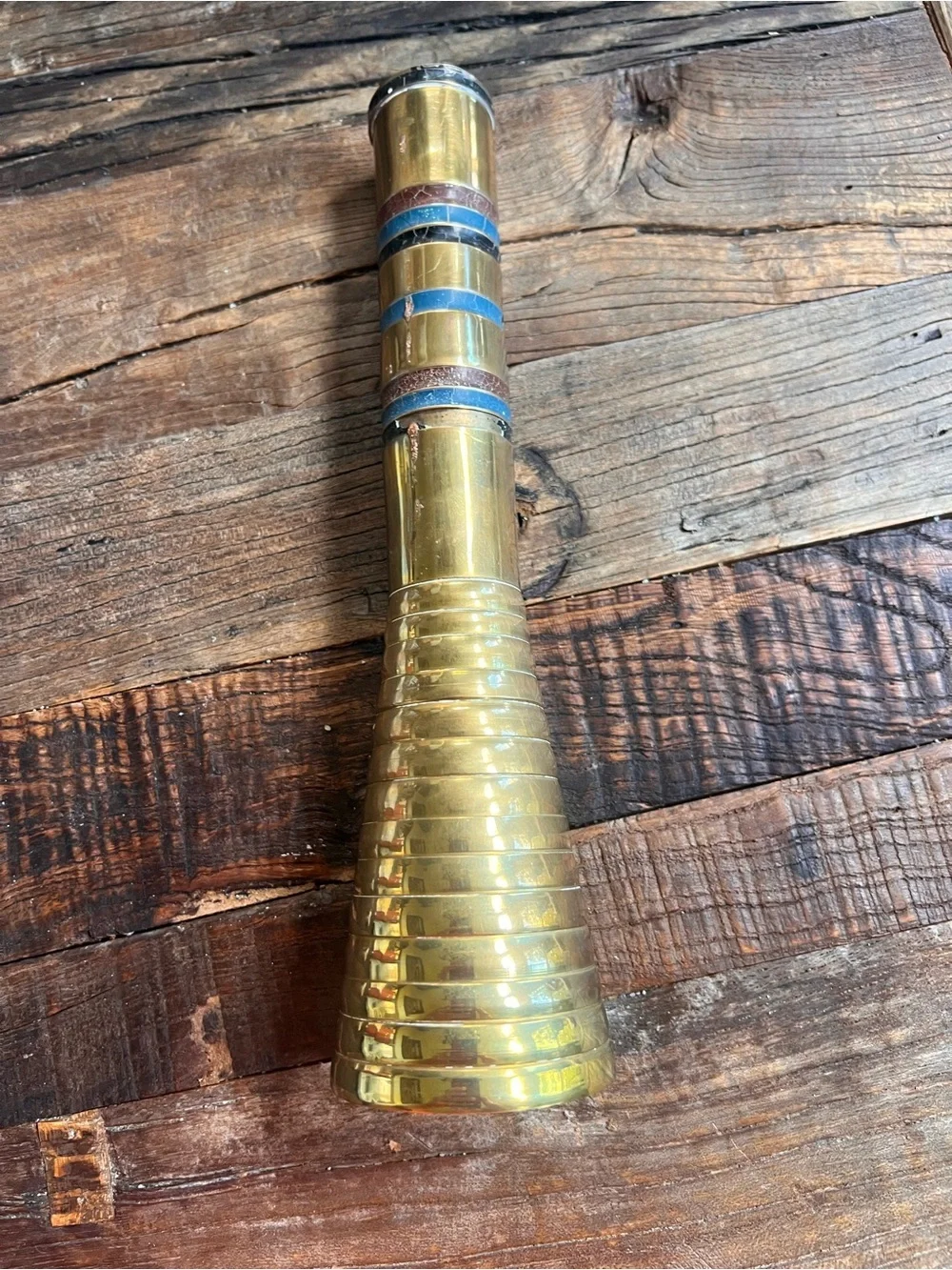 Colique Brass Accent Vase with Blue and Brown Bands - Home Accents